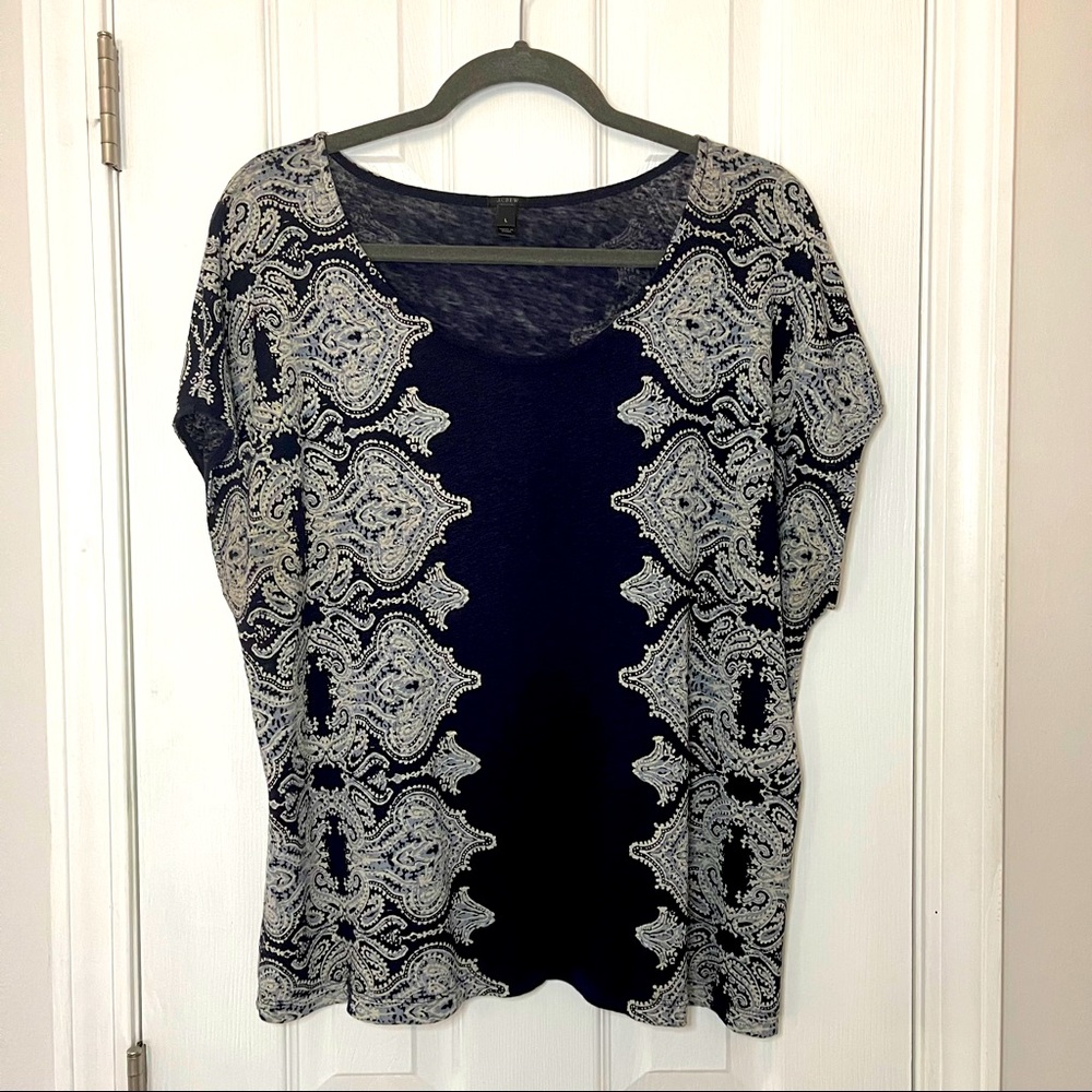 J CREW 100% linen deep navy patterned t shirt